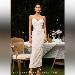 Pearl Sequin White Beaded Scallop-Pattern Maxi Dress: bridal wedding